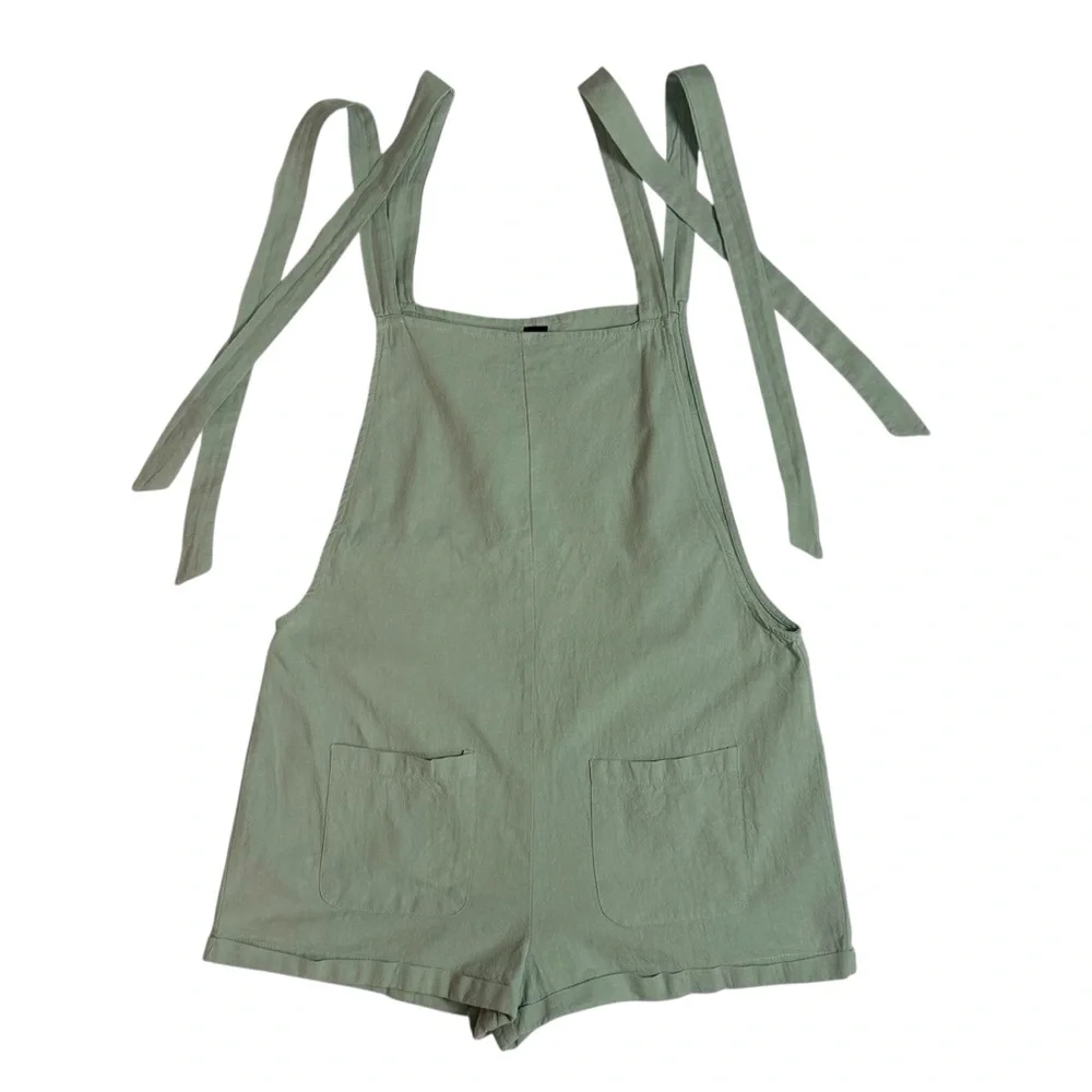 SHEIN Women Cotton Bib Shortalls Romper Sage Green Tie Strap Pockets